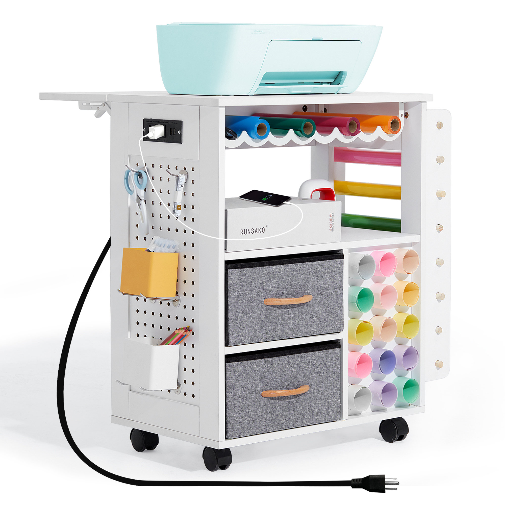 Ango Home 23.6" X 23.6" Foldable Sewing Craft Table Storage Cabinet With Vinyl Roll Holder And ...